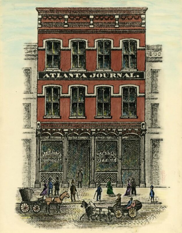 View of the exterior of the seond home of the Atlanta Journal newspaper, on South Broad Street between the railroad and Alabama Street in downtown Atlanta, Georgia.||The Atlanta Journal was first published in 1883 by Atlanta attorney Edward Hoge. In 1887, Hoge sold the paper to fellow attorney and future Georgia Governor Hoke Smith. In 1939 the paper was sold to Ohio is_part_of James Cox, who in 1950 also bought the Atlanta Constitution. The two newspapers merged in 1982 to form the Atlanta Journal-Constitution.