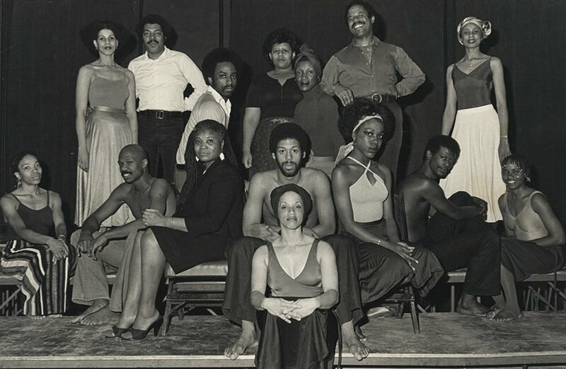 Members of Jomandi Productions, Inc. pose for a group portrait at the Neighborhood Arts Center where they occasionally performed plays. Jomandi Productions, Inc. was founded in October 1978 with the goal of raising funds for a scholarship in honor ofDr. Thomas W. Jones at Morehouse School of Medicine. Jomandi became Georgia's largest African American theater group.