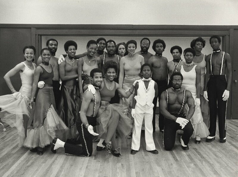 Members of Jomandi Productions, Inc. pose for a group portrait at the Neighborhood Arts Center where they occasionally performed plays. Jomandi Productions, Inc. was founded in October 1978 with the goal of raising funds for a scholarship in honor ofDr. Thomas W. Jones at Morehouse School of Medicine. Jomandi became Georgia's largest African American theater group.