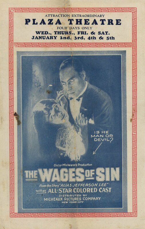 Circular for the Plaza Theatre advertising The wages of sin, probably 1929 Jan. 2-5