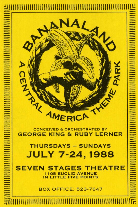 Bananaland: A Central American Theme Park, postcard announcing the performance art piece and multi-media event at 7 Stages Theatre, Atlanta, Georgia, July 7 - 24, 1988.