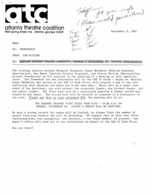 Atlanta Theatre Coalition Meeting on Theatre Homelessness at the Academy Theatre, Atlanta, Georgia, August 25, 1987. (3 leaves)