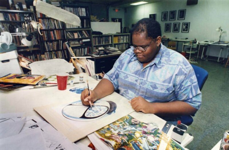 Joe Phillips working on comic book cover, Gaijin Studio, Atlanta, Georgia, June 17, 1992