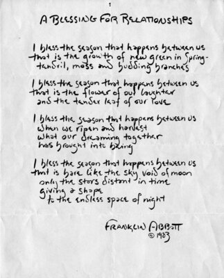 "A Blessing for Relationships", poem broadside, by Franklin Abbott, Atlanta, Georgia, 1983.