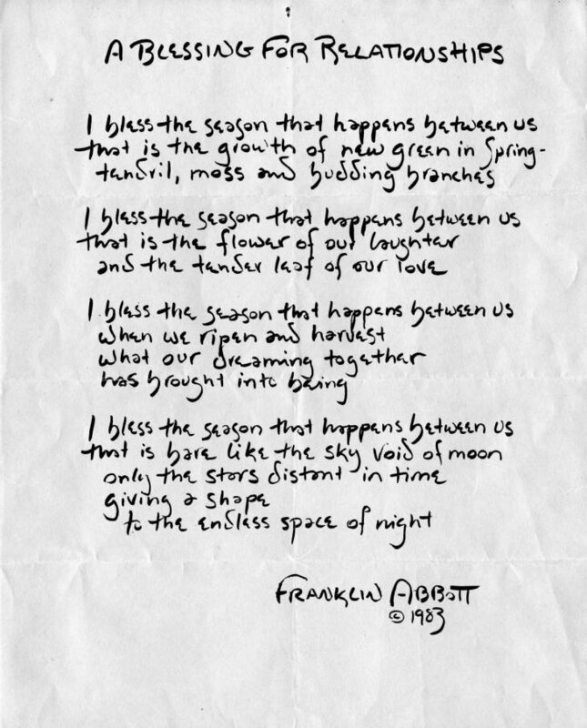 "A Blessing for Relationships", poem broadside, by Franklin Abbott, Atlanta, Georgia, 1983.