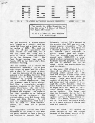 Athens Gay/Lesbian Alliance Newsletter (Athens, Georgia), volume 1, number 4 (April 1985). (7 pages)