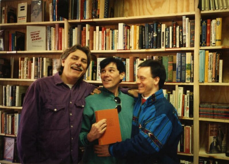 Cal Gough (left), Raven Wolfdancer (center), and Larry Paul at a GLBT event, Bound To Be Read Books, East Atlanta Village, Atlanta, Georgia, ca. 1982.