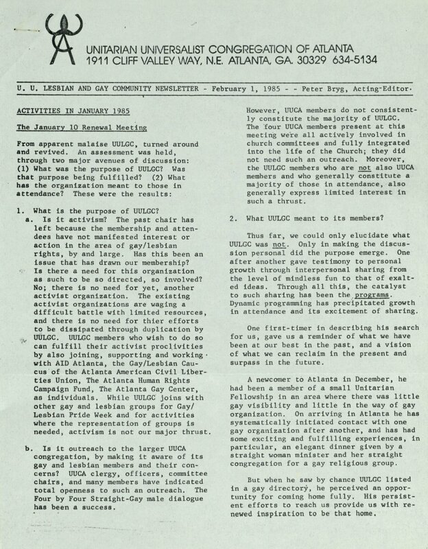 Unitarian Universalist Lesbian and Gay Community Newsletters, 1985