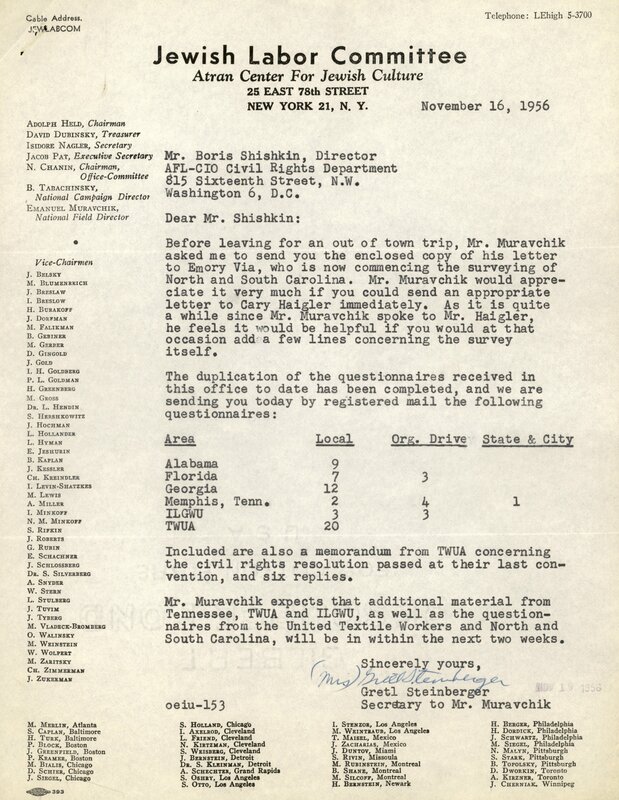 Jewish Labor Committee Survey of Southern States on Labor Union Integration: Correspondence [page 1]