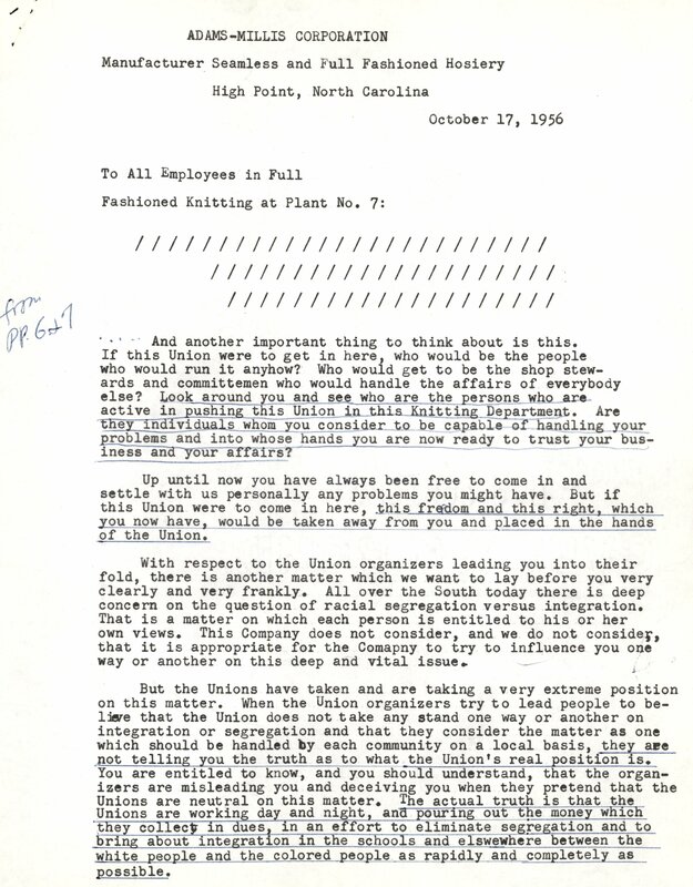 Jewish Labor Committee Survey of Southern States on Labor Union Integration: North and South Carolina [page 74]