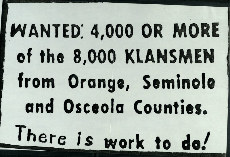 "Want Ad" placed by the Ku Klux Klan in The Orlando Sentinel-Star, 1942